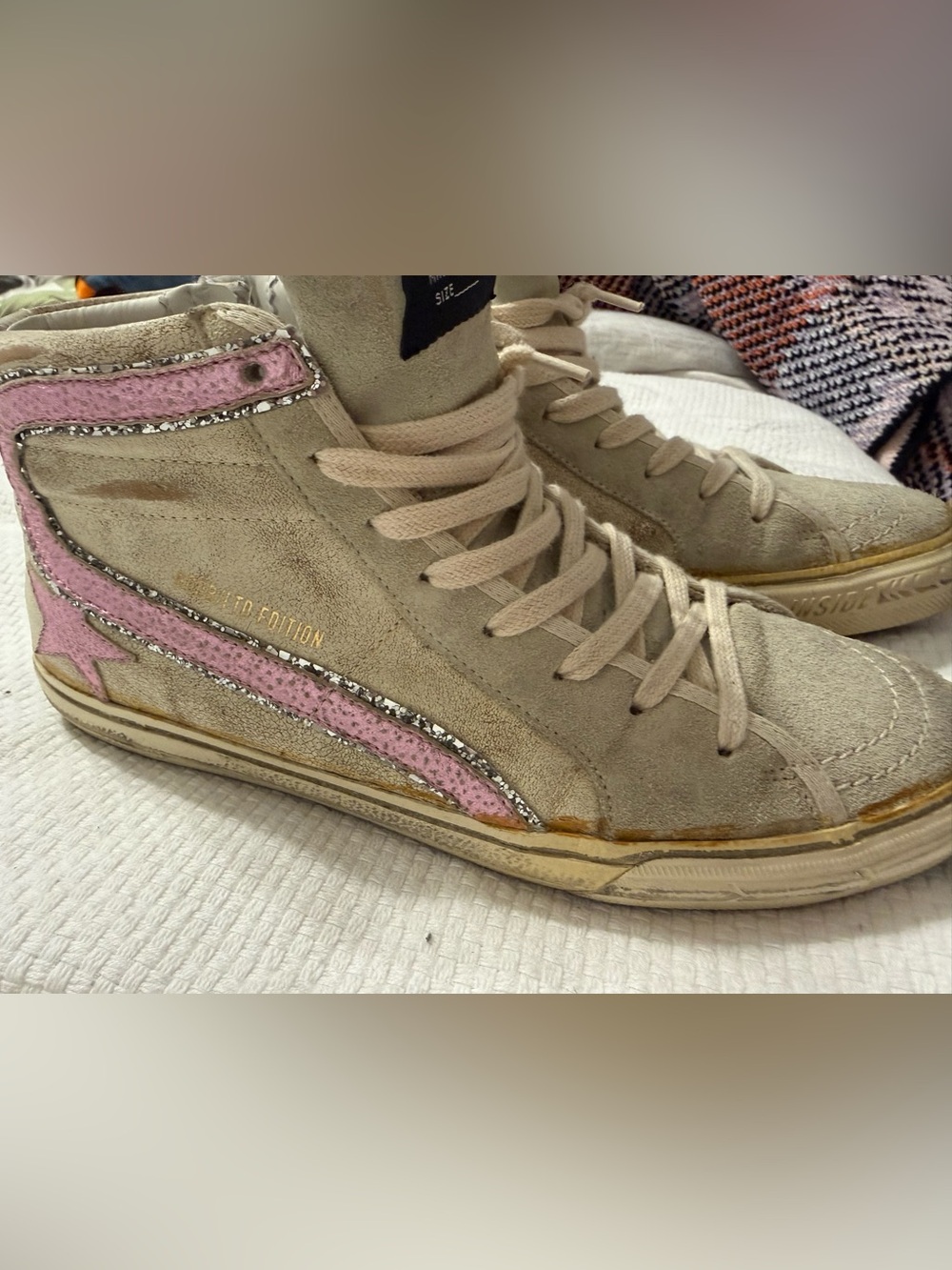 Golden Goose Beige Suede High-Top Sneakers with Pink Stripe